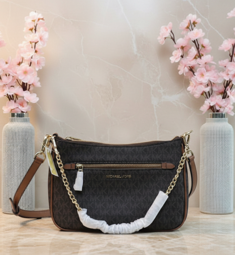 MICHAEL KORS JET SET LOGO CHAIN CROSSBODY SMALL IN SIGNATURE BROWN