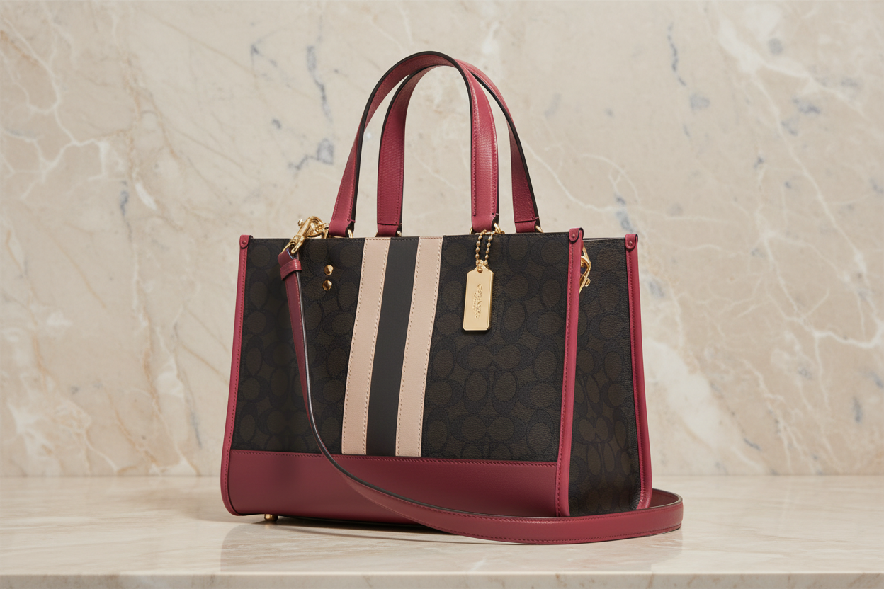 COACH DEMPSEY TOTE CARRYALL MEDIUM IN SIGNATURE JACQUARD CANVAS CENTER STRIPE STRAWBERRY HAZE