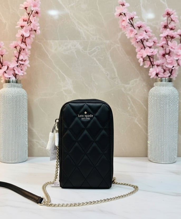 KATE SPADE CAREY NORTH SOUTH ZIP QUILTED PHONE CROSSBODY LEATHER - BLACK
