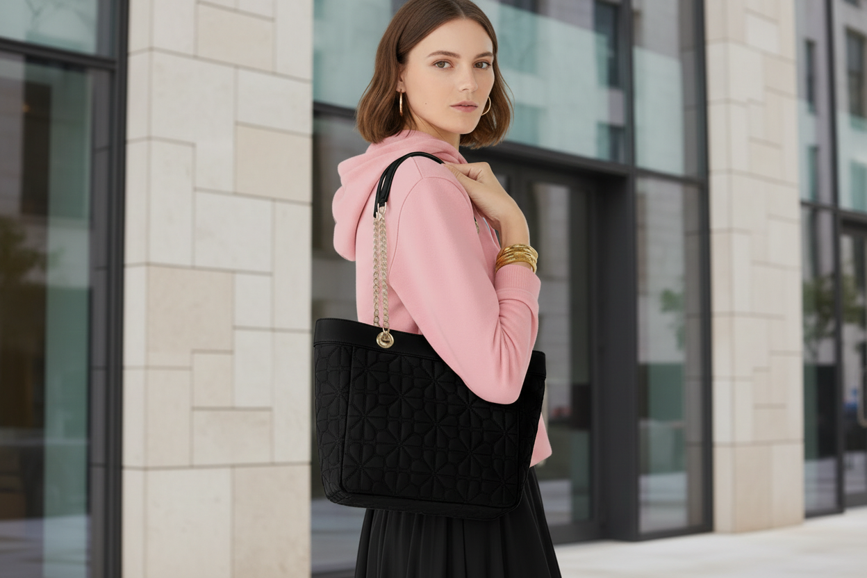 حقيبة كيت سبيد المبطنة والمزينة بالزهور - متوسطة الحجم - سوداء