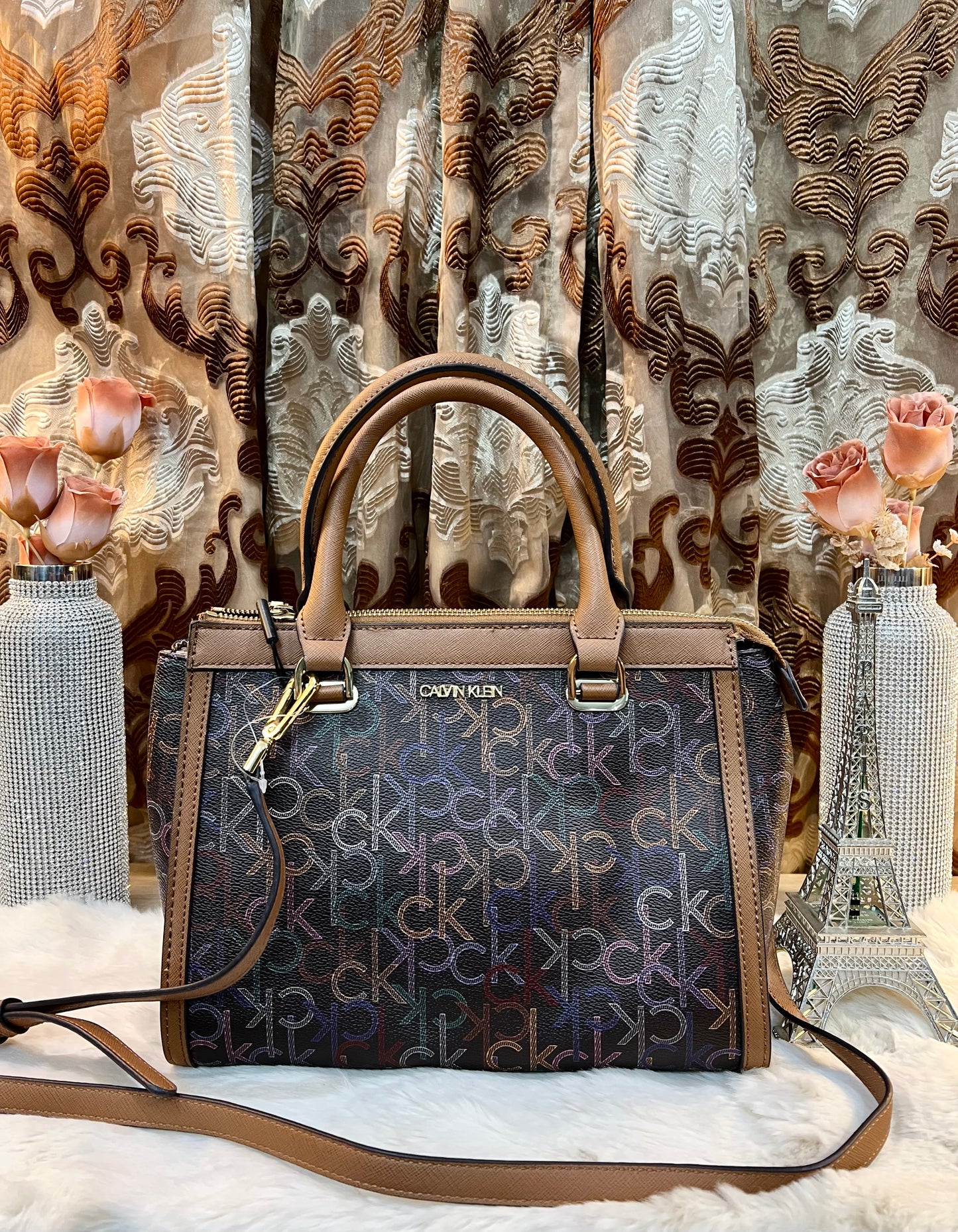 CALVIN KLEIN BUNDLE BAG & LONG WALLET JANAE SATCHEL CROSSBODY BAG IN SIGNATURE BROWN