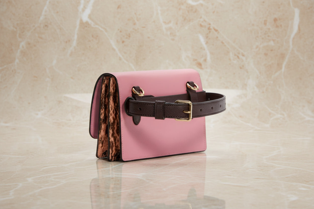 حقيبة كوتش قابلة للطي 3 في 1، حقيبة خصر/حقيبة كروس/حقيبة بودي - لون وردي فاتح، بنقشة جلد الثعبان المميزة