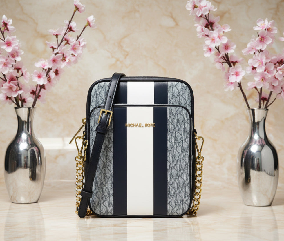 MICHAEL KORS - BELOW SRP WITH FLAWS IN FRONT - SLIGHT MARK LIKE PEN - JET SET TRAVEL LOGO STRIPE CROSSBODY BAG