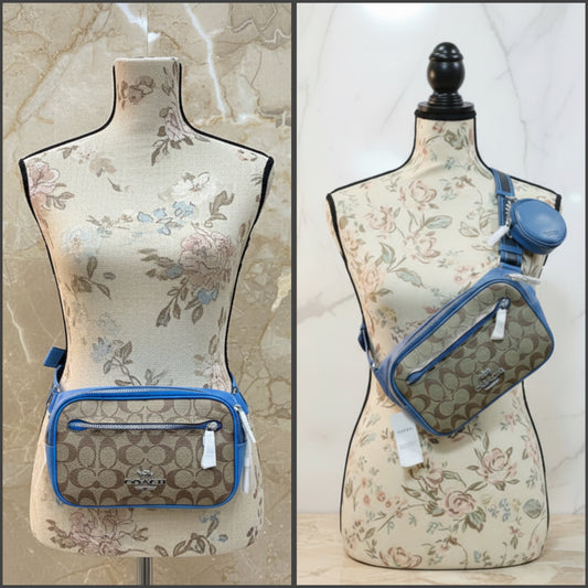 COACH ELIAS BELTBAG/ CHEST BAG/BODY BAG IN COLORBLOCK SIGNATURE CANVAS - KHAKI/RACER BLUE