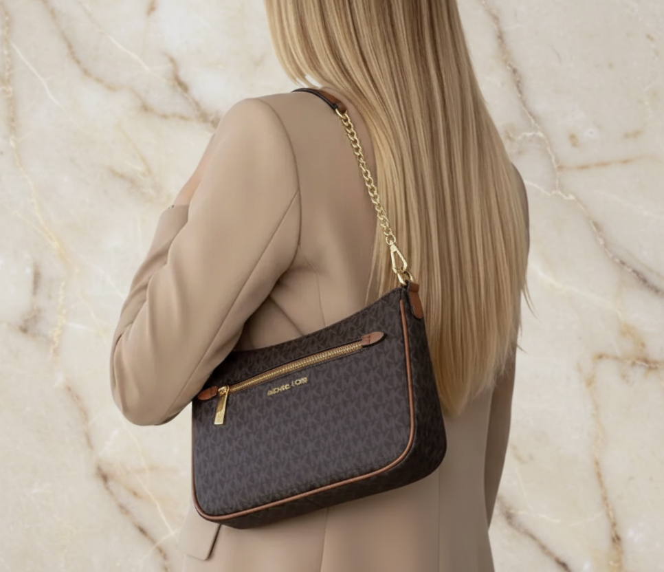MICHAEL KORS JET SET LOGO CHAIN CROSSBODY SMALL IN SIGNATURE BROWN