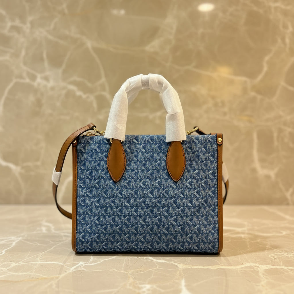 MICHAEL KORS MIRELLA SMALL SHOPPER TOP ZIP CROSSBODY BAG - DENIM MULTI LOGO