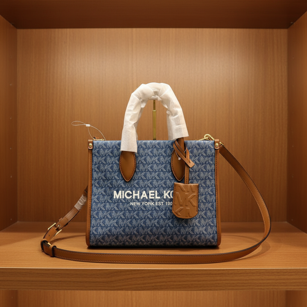 MICHAEL KORS MIRELLA SMALL SHOPPER TOP ZIP CROSSBODY BAG - DENIM MULTI LOGO