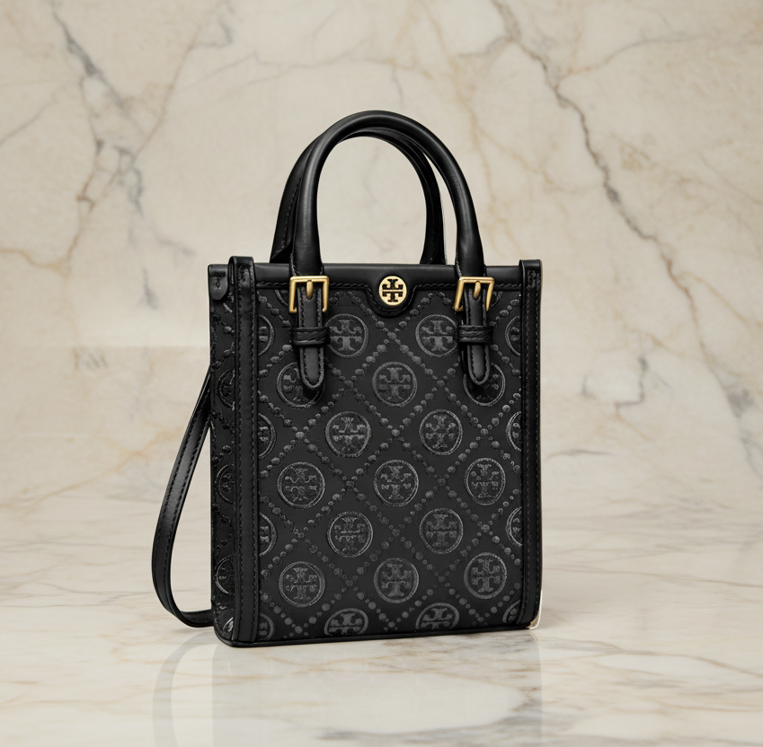 TORY BURCH MINI JACQUARD T MONOGRAM TOTE BLACK
