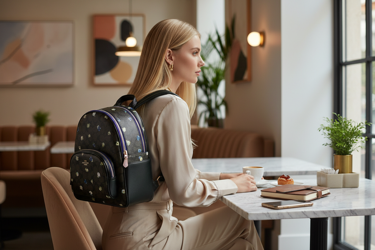 حقيبة ظهر متوسطة الحجم من كوتش كورت مصنوعة من قماش مميز بنقشة ورود صغيرة عتيقة