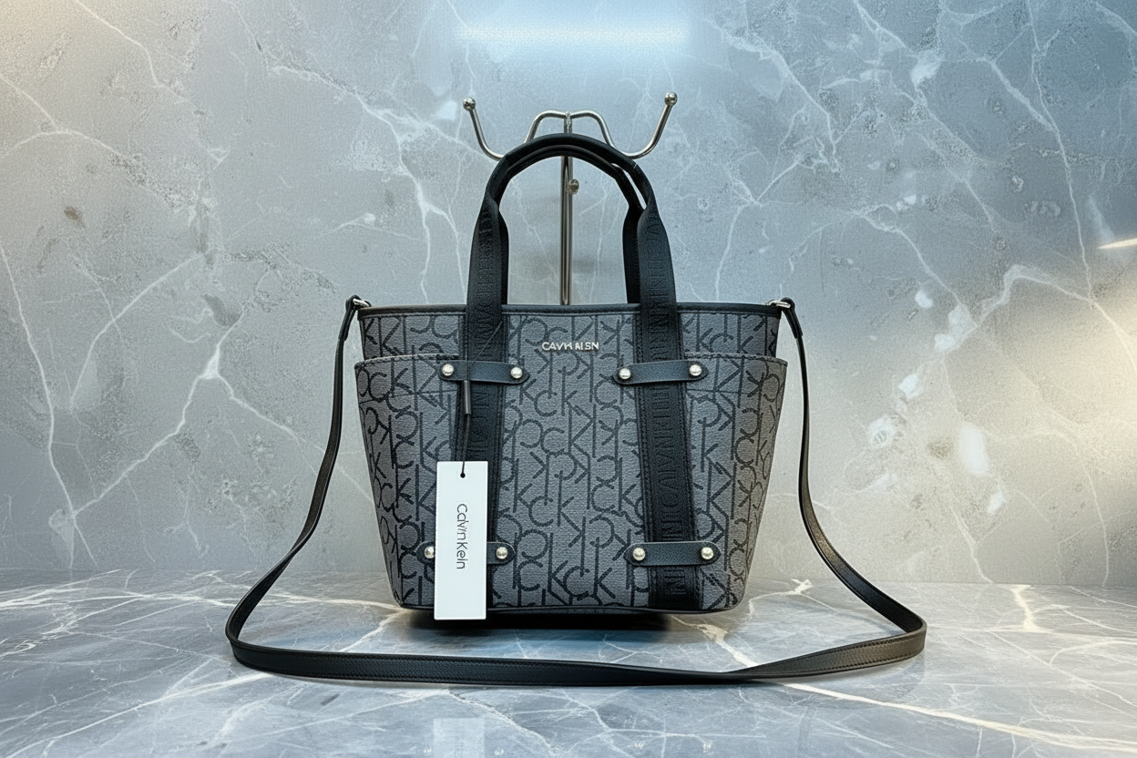 CALVIN KLEIN SATCHEL IN SIGNATURE CHARCOAL BLACK