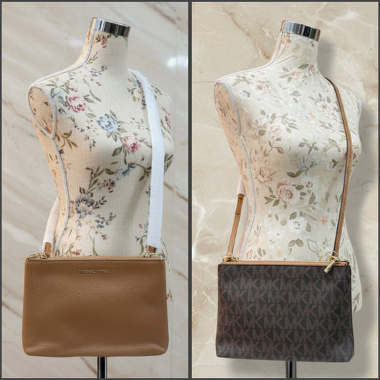 MICHAEL KORS DOUBLE ZIP GUSSET CROSSBODY - MONOBROWN/BROWN