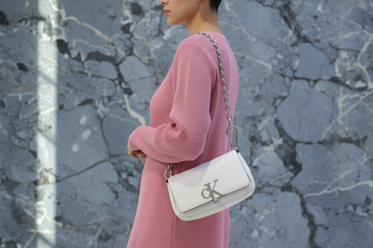 CALVIN KLEIN CHAIN CROSSBODY BAG - SILVER BIRCH