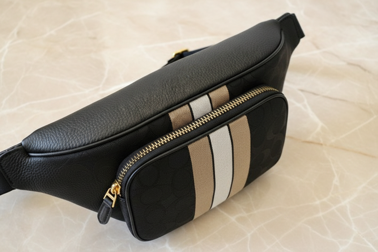 COACH THOMPSON JACQUARD WAISTPACK/BODY BAG WITH VARSITY STRIPE