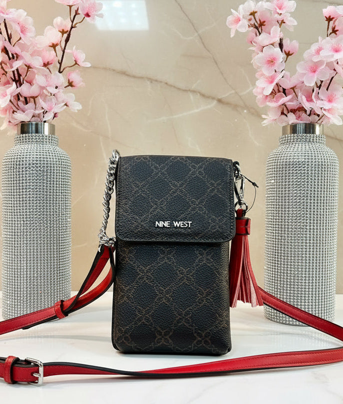 NINE WEST SPRINGY MINI PHONE CROSSBODY IN SIGNATURE BROWN/VYBER RED CANVAS