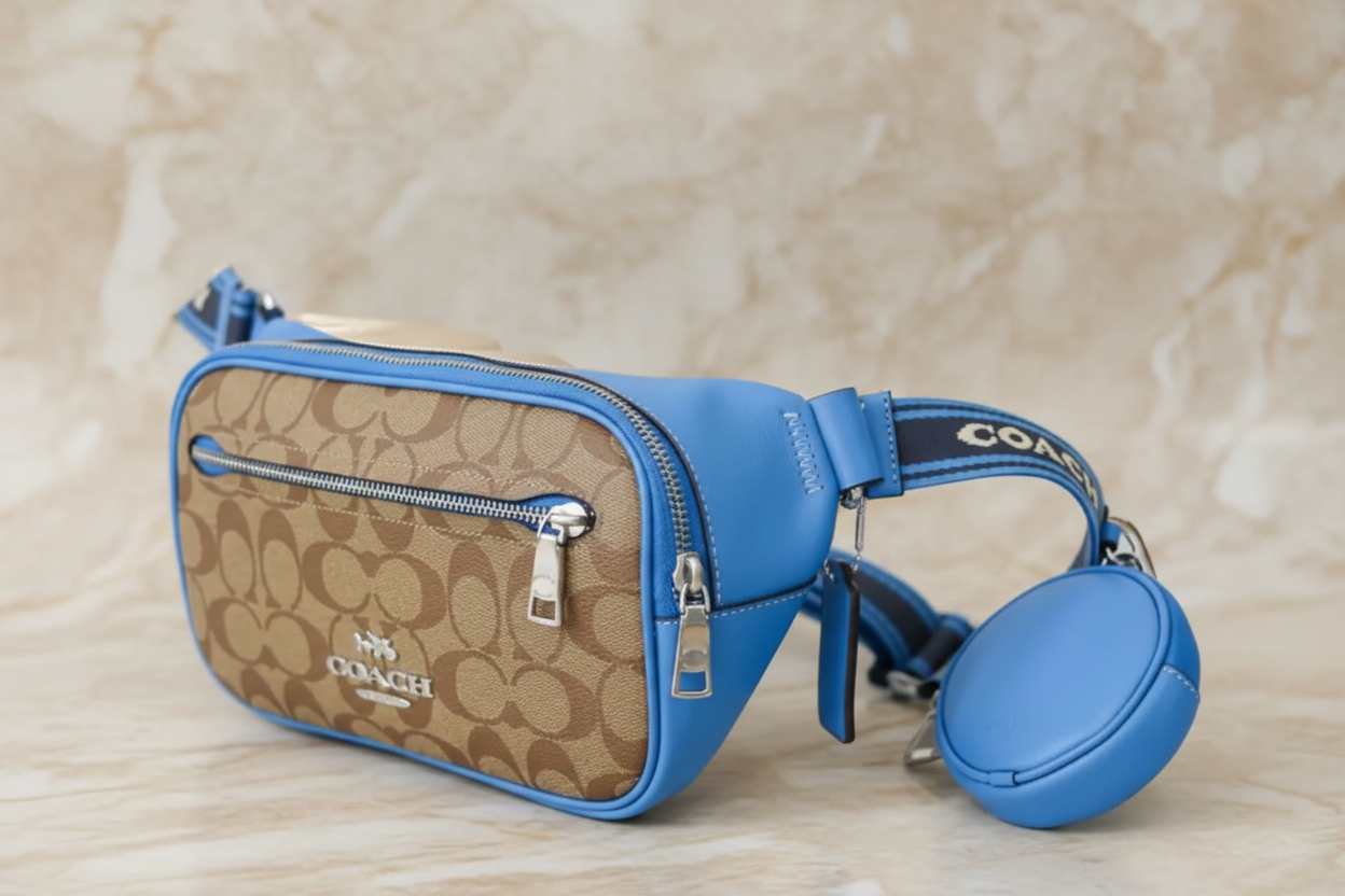 حقيبة خصر/حقيبة صدر/حقيبة جسم من كوتش إلياس، مصنوعة من قماش مميز بألوان متداخلة - كاكي/أزرق سباق