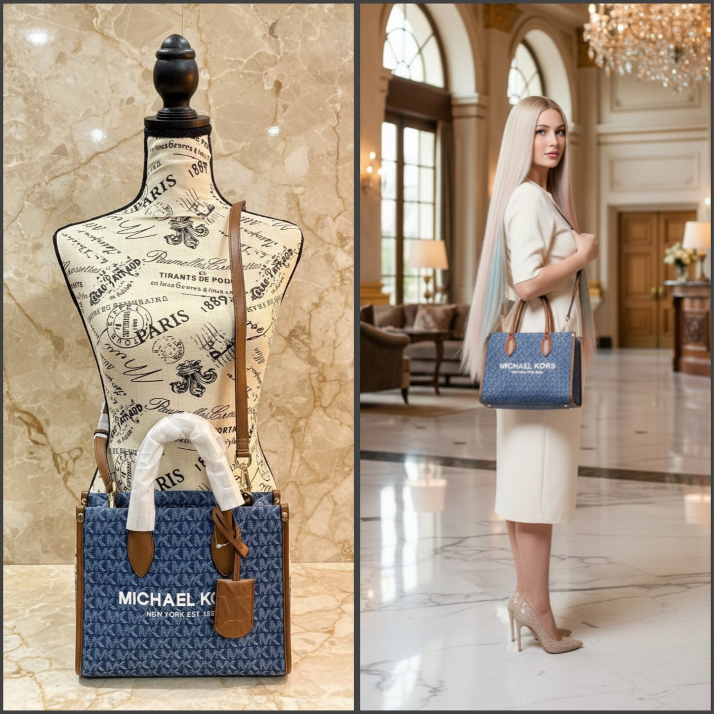 MICHAEL KORS MIRELLA SMALL SHOPPER TOP ZIP CROSSBODY BAG - DENIM MULTI LOGO