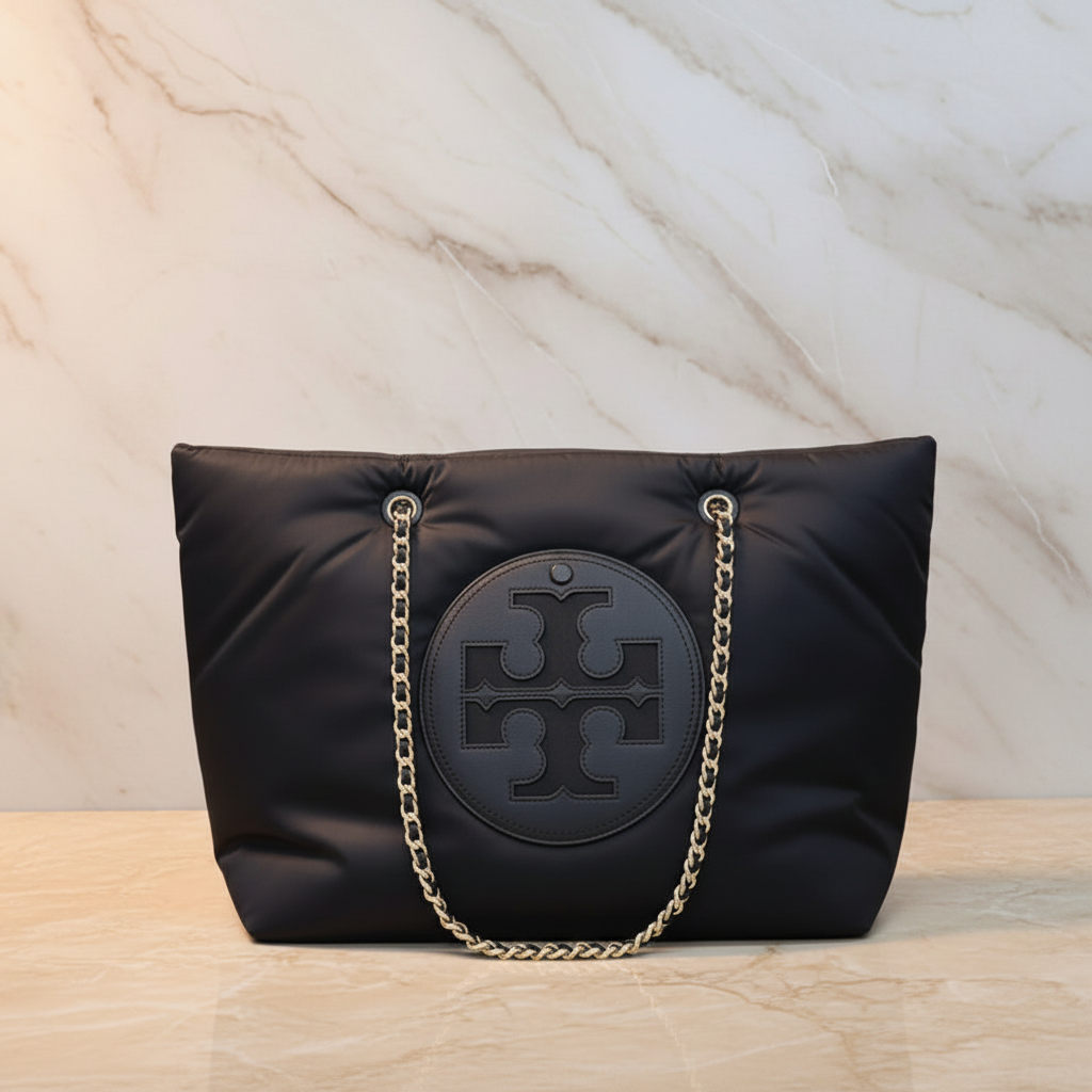 TORY BURCH ELLA PUPPY MAGNETIC CLOSURE CHAIN TOTE - BLACK