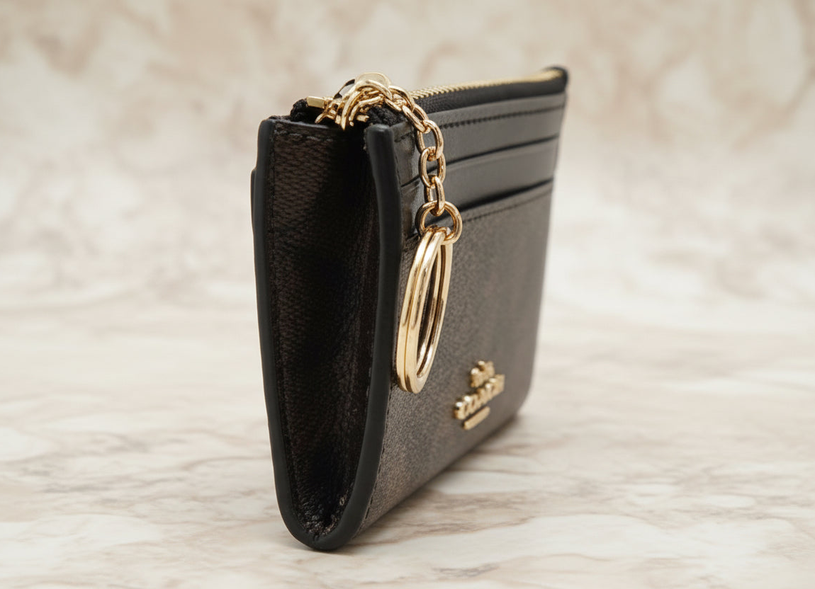 COACH SKINNY CARD CASE WITH KEY RING - SIGNATURE BROWN BLACK