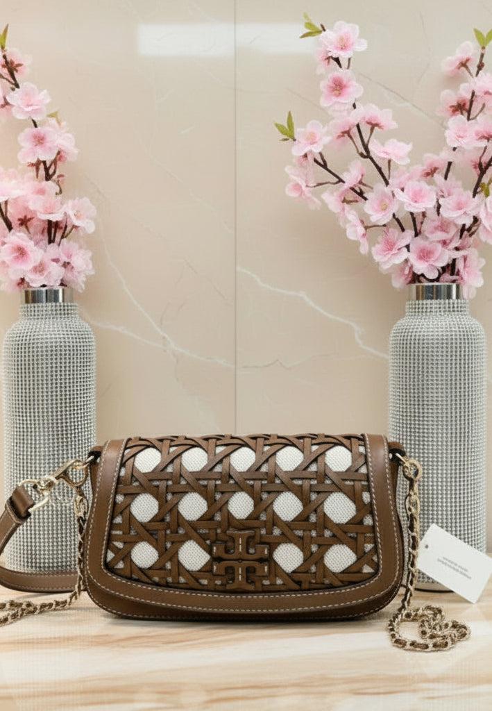 TORY BURCH BRITTEN  BASKET WEAVE CONVERTIBLE CRISSBODY/SHOULDER BAG - MOOSE COLOR