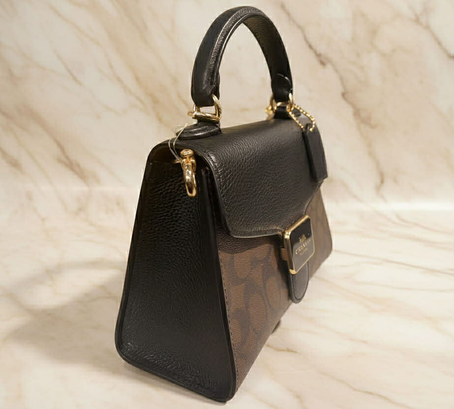 COACH SMALL PEPPER SATCHEL TOP HANDLE IN SIGNATURE BROWN BLACK
