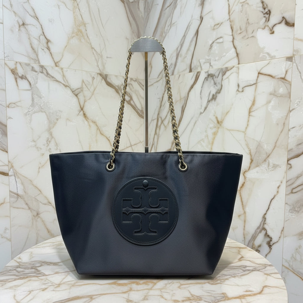 TORY BURCH ELLA PUPPY MAGNETIC CLOSURE CHAIN TOTE - BLACK