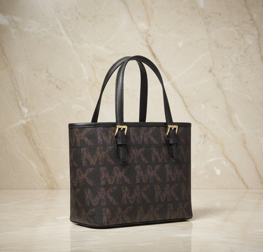 MICHAEL KORS JET SET TRAVEL ZIP TOTE XS LOGO BLACK BROWN COLOR