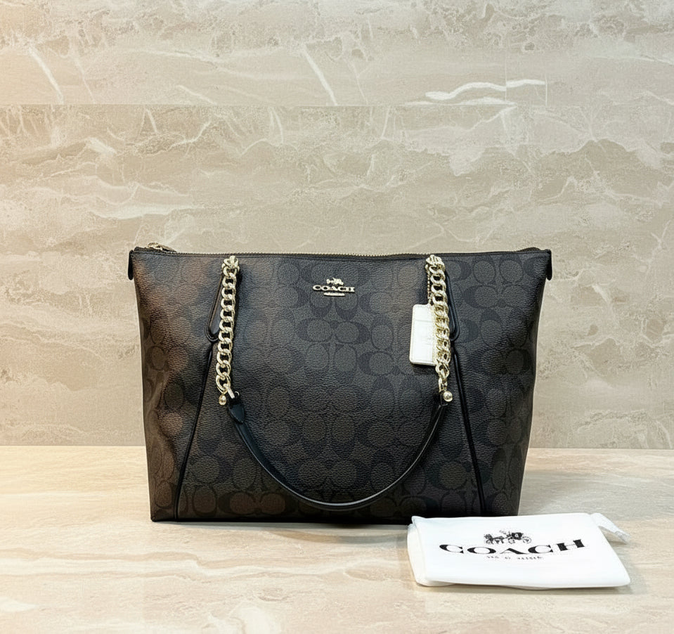 COACH AVA LARGE ZIP TOP TOTE IN SIGNATURE BLACK BROWN