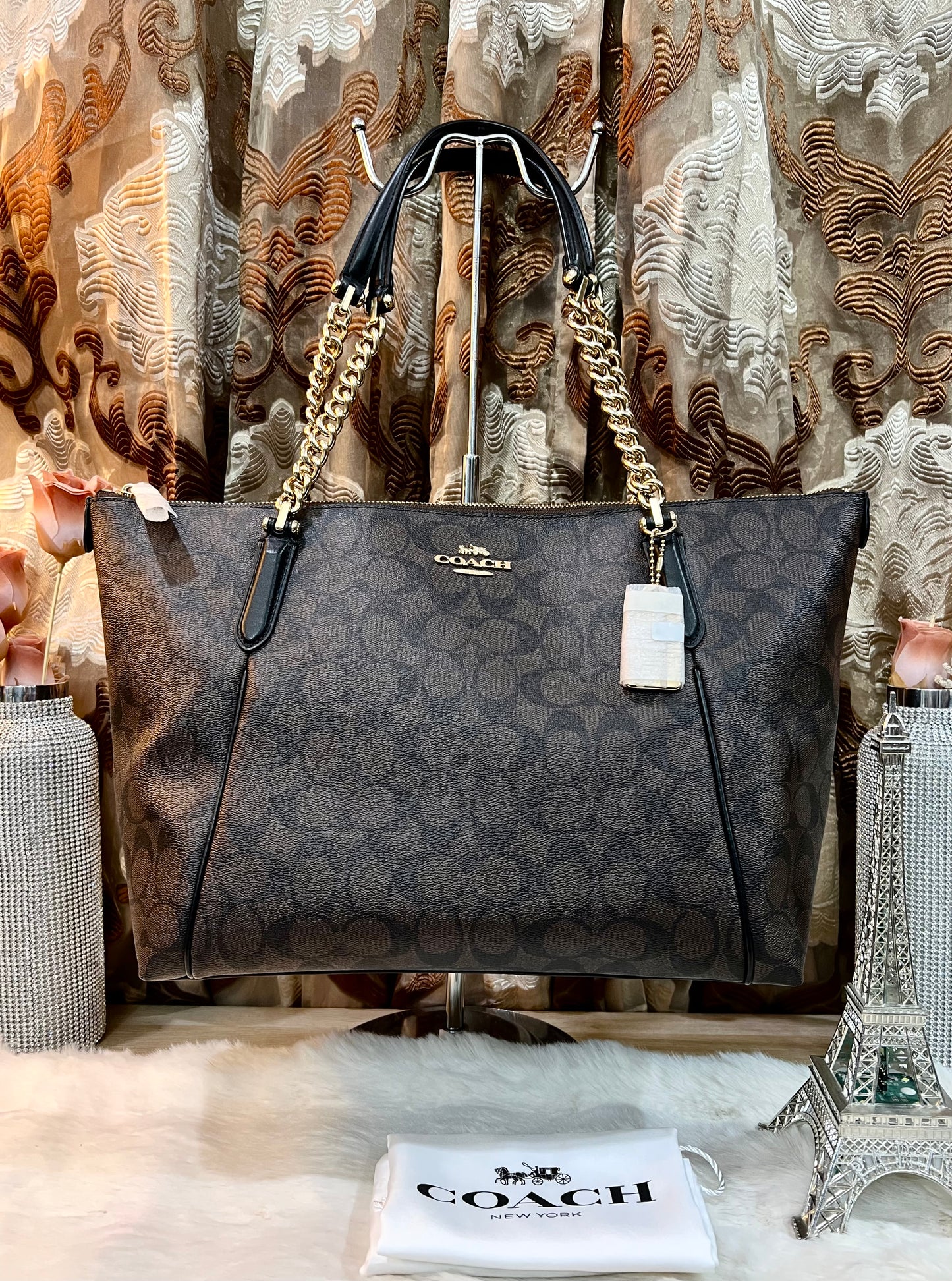 COACH AVA LARGE ZIP TOP TOTE IN SIGNATURE BLACK BROWN