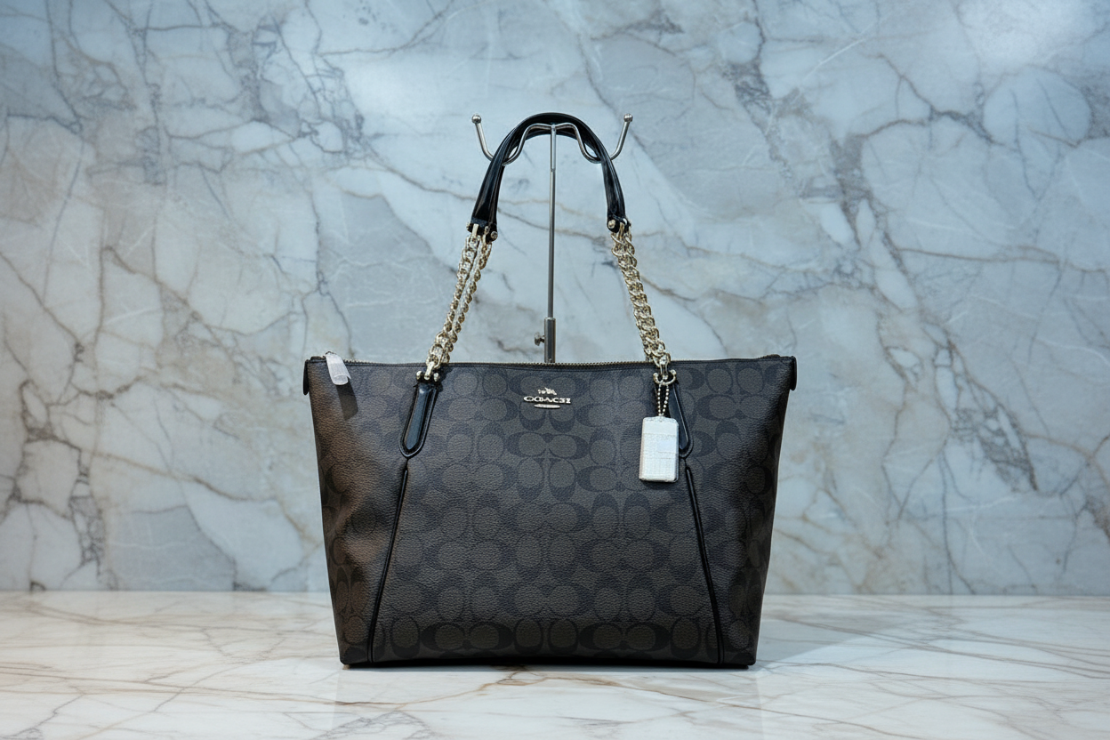 COACH AVA LARGE ZIP TOP TOTE IN SIGNATURE BLACK BROWN