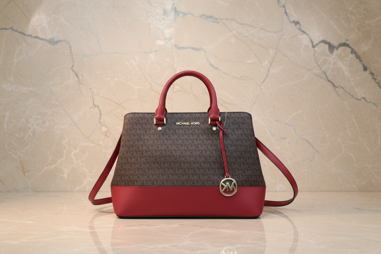 MICHAEL KORS SAVANNAH LARGE SATCHEL IN SIGNATURE BROWN/RED - SCARLET