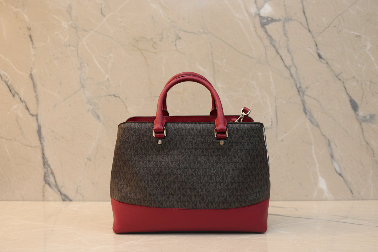 MICHAEL KORS SAVANNAH LARGE SATCHEL IN SIGNATURE BROWN/RED - SCARLET