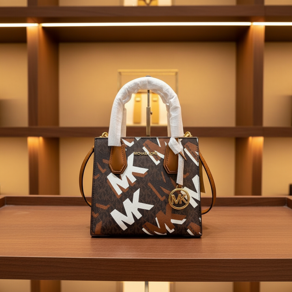 MICHAEL KORS MERCER MEDIUM MESSENGER BAG - LUGGAGE MULTI GRAPHIC LOGO