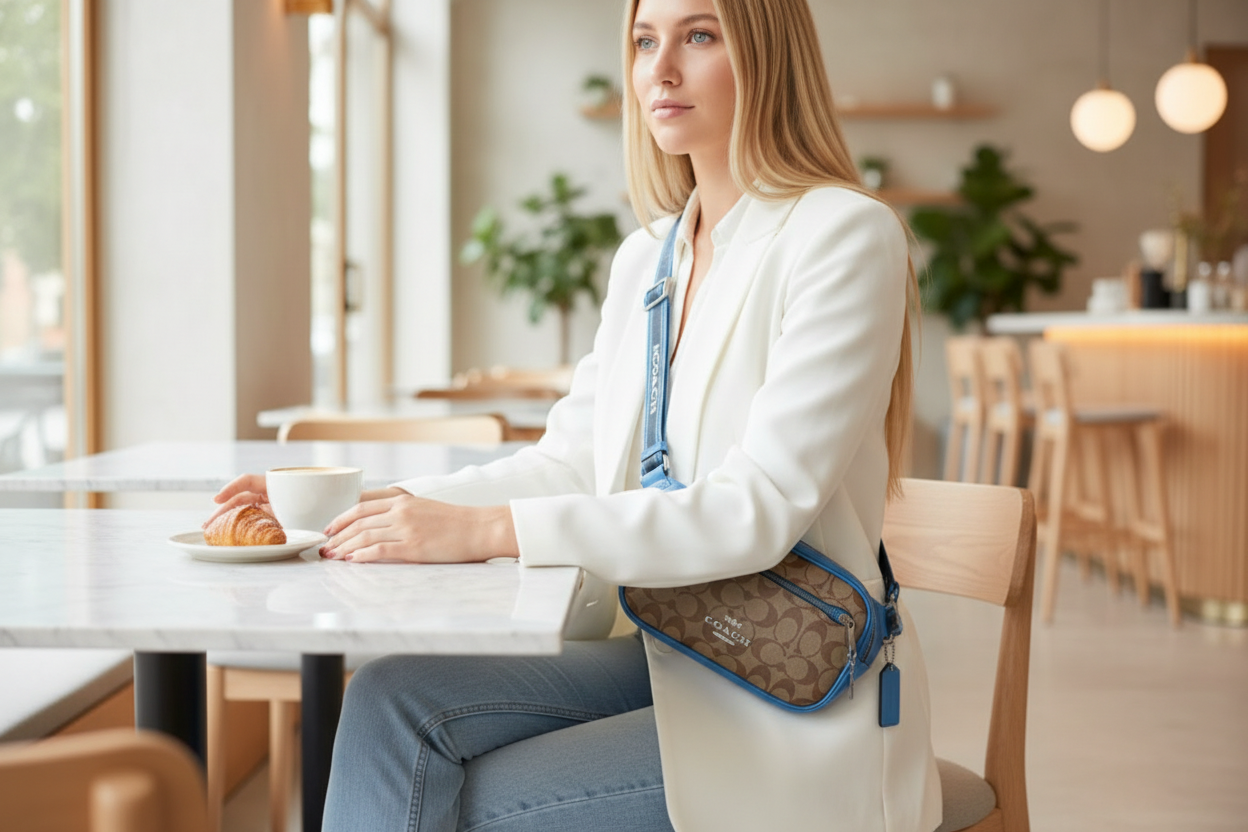 حقيبة خصر/حقيبة صدر/حقيبة جسم من كوتش إلياس، مصنوعة من قماش مميز بألوان متداخلة - كاكي/أزرق سباق