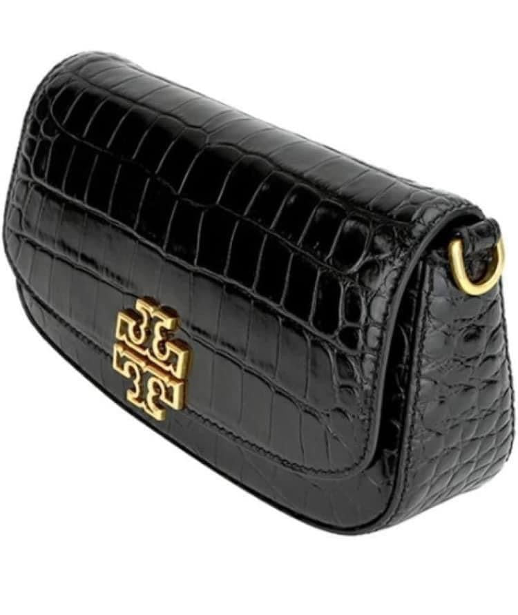 SALE! MISSING 1 BUTTON ON SHOULDER STRAP - TORY BURCH EMBOSSED CROC BRITTEN CONVERTIBLE SHOULDER BAG/XBODY BAG - BLACK