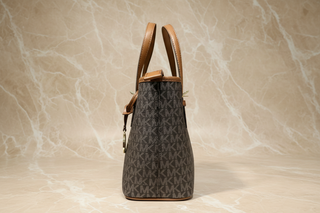 MICHAEL KORS XS JET SET CARRYALL TRAVEL ZIP TOTE - BLACK - BROWN MULTI WITH A TOUCH OF METTALIC GOLD