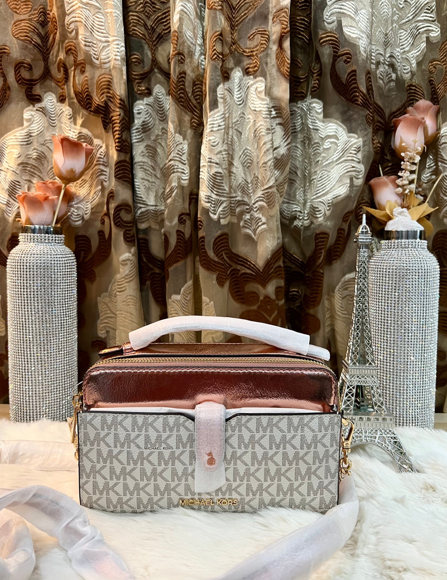 MICHAEL KORS SIGNATURE JET SET METALLIC PROMEROSE DOUBLE ZIP SMARTPHONE CROSSBODY BAG