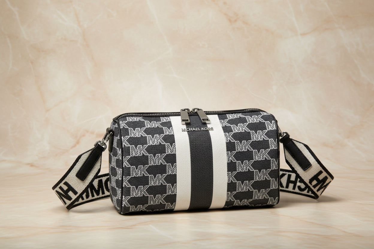 MICHAEL KORS COOPER MINI DUFFLE CROSSBODY IN SIGNATURE CANVAS STRIPE NWT BLACK MULTI