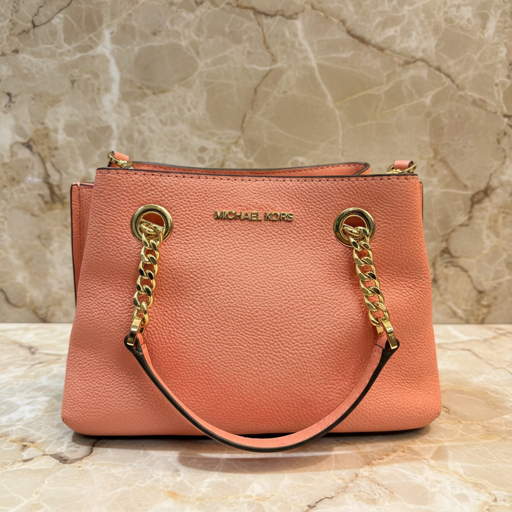 MICHAEL KORS SMALL TEAGEN LEATHER SATCHEL - PEACH