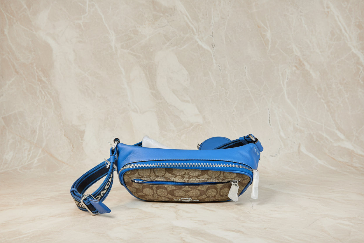 حقيبة خصر/حقيبة صدر/حقيبة جسم من كوتش إلياس، مصنوعة من قماش مميز بألوان متداخلة - كاكي/أزرق سباق