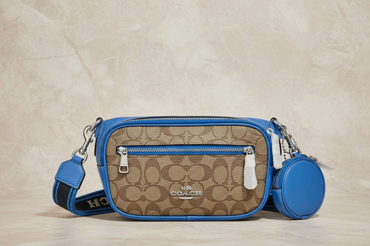 حقيبة خصر/حقيبة صدر/حقيبة جسم من كوتش إلياس، مصنوعة من قماش مميز بألوان متداخلة - كاكي/أزرق سباق