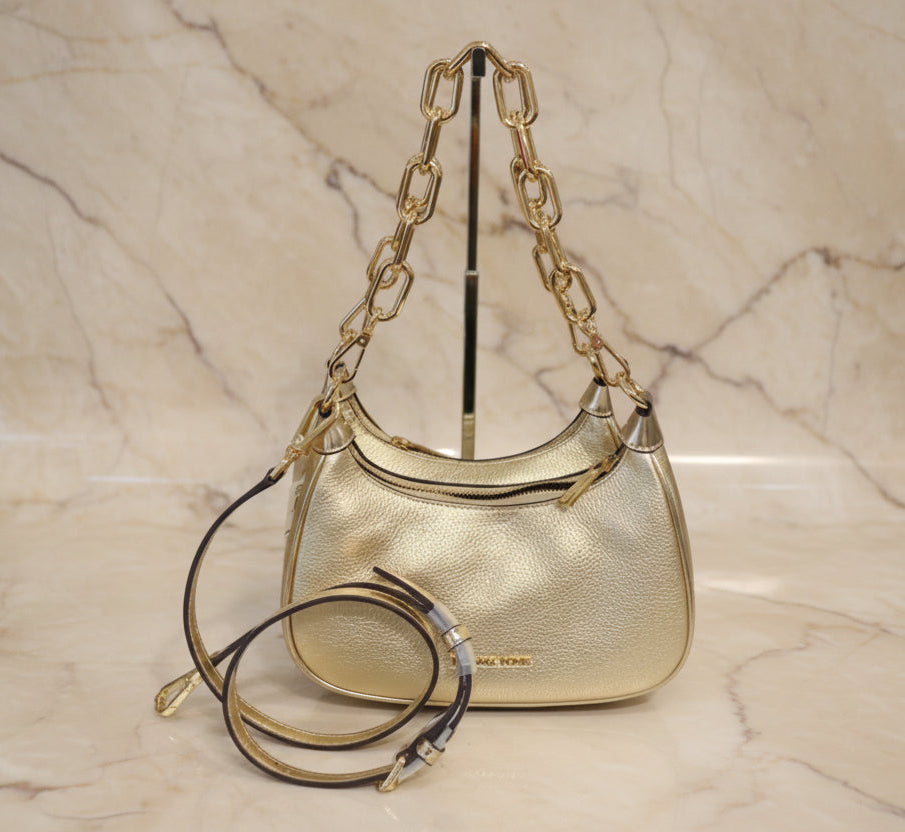 MICHAEL KORS MINI CORA CHAIN SHOULDER BAG/CROSBODY BAG - METTALIC PEBBLE GOLD