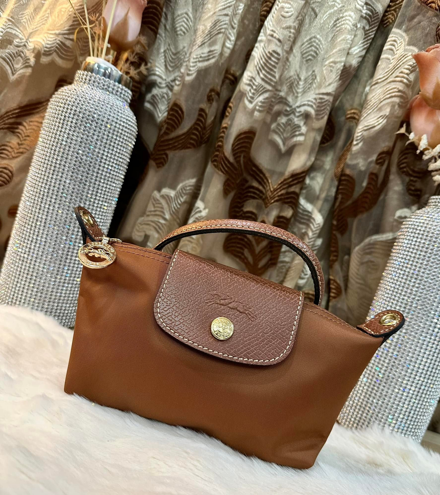 LONGCHAMP MICRO LE PLIAGE POUCH WITH STRAP - BROWN