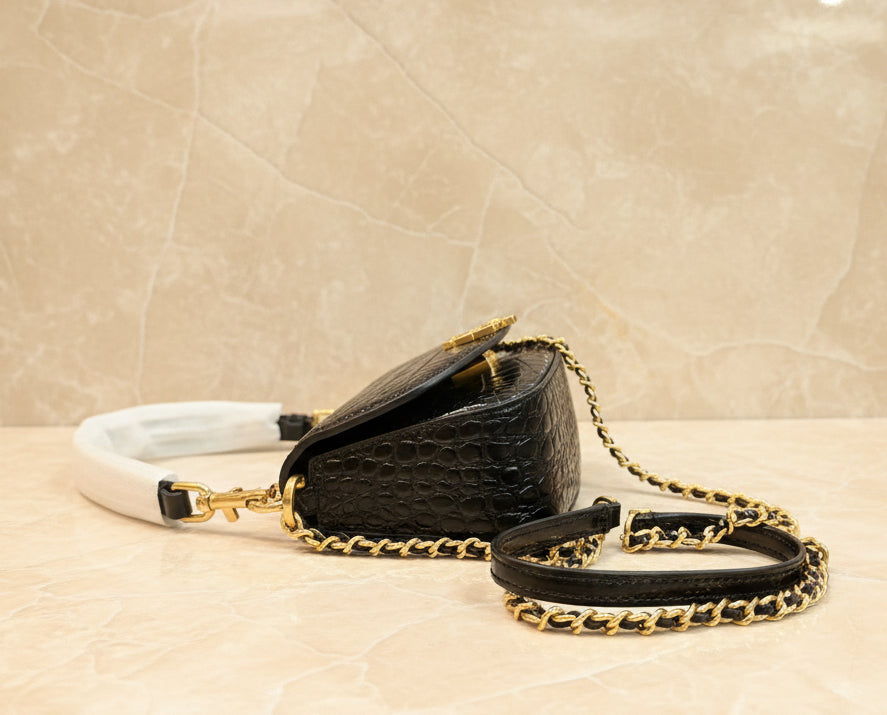 TORY BURCH EMBOSSED CROC BRITTEN CONVERTIBLE SHOULDER BAG/XBODY BAG - BLACK
