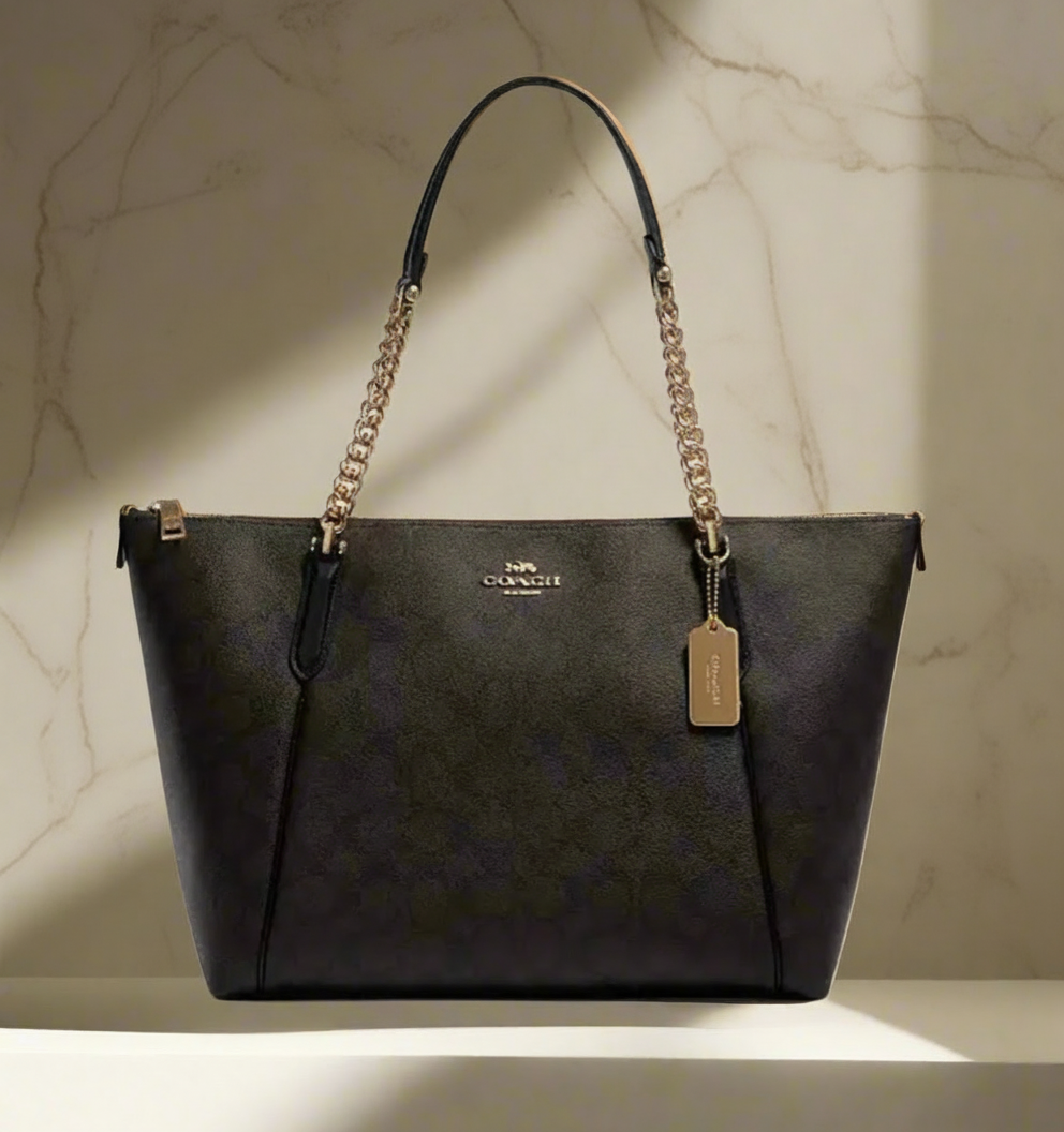 COACH AVA LARGE ZIP TOP TOTE IN SIGNATURE BLACK BROWN