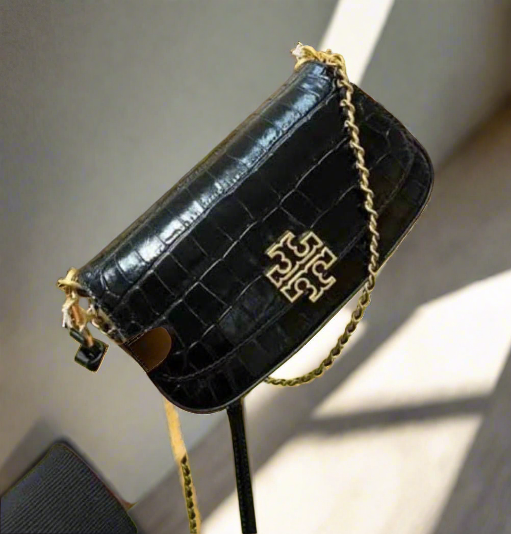 SALE! MISSING 1 BUTTON ON SHOULDER STRAP - TORY BURCH EMBOSSED CROC BRITTEN CONVERTIBLE SHOULDER BAG/XBODY BAG - BLACK