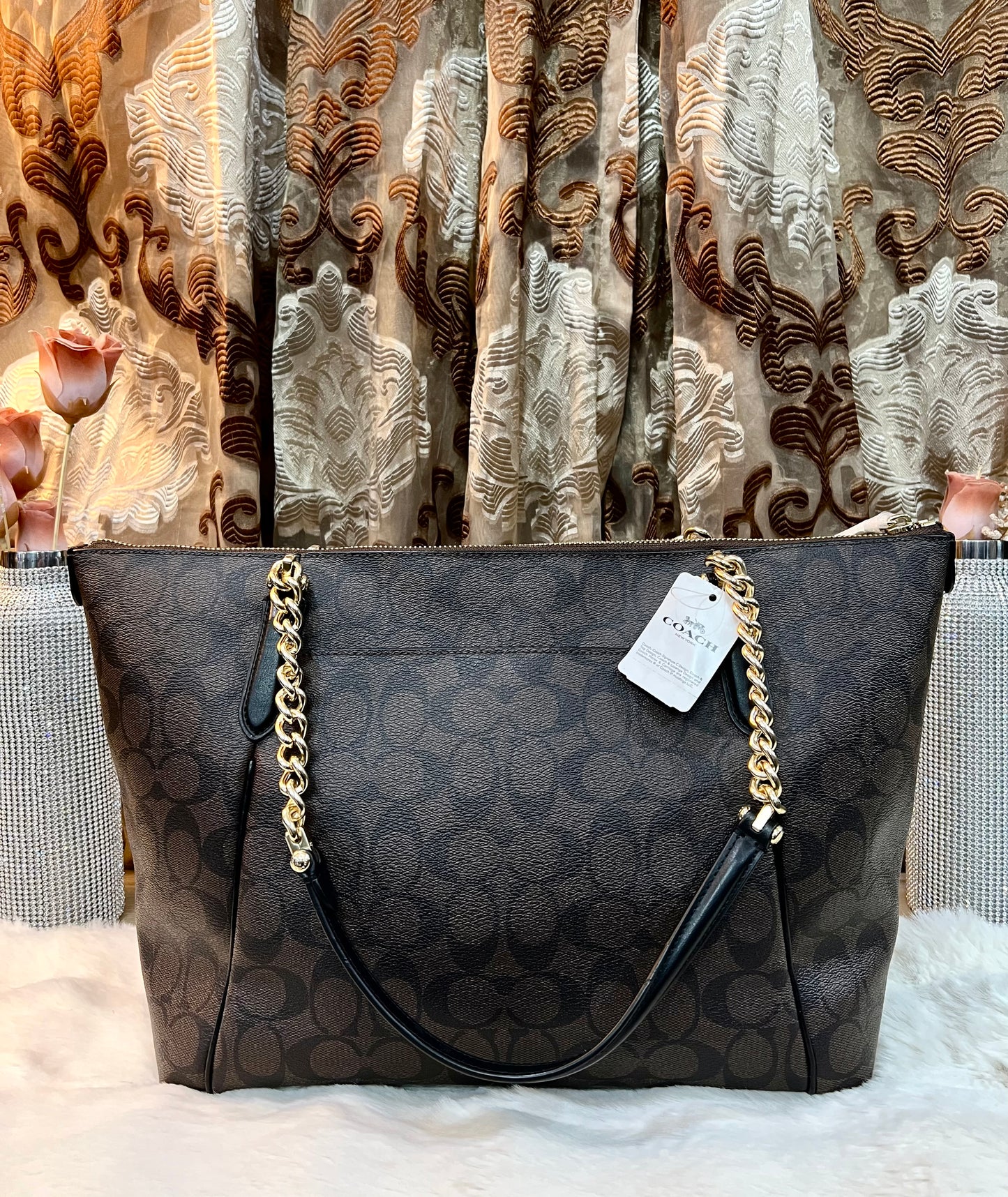 COACH AVA LARGE ZIP TOP TOTE IN SIGNATURE BLACK BROWN