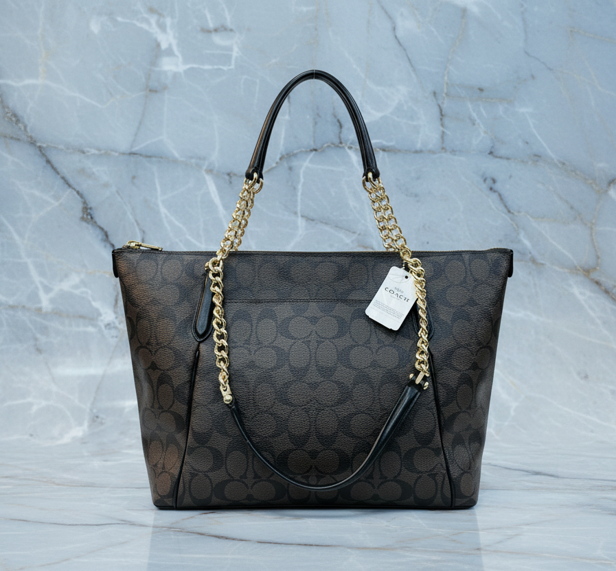 COACH AVA LARGE ZIP TOP TOTE IN SIGNATURE BLACK BROWN