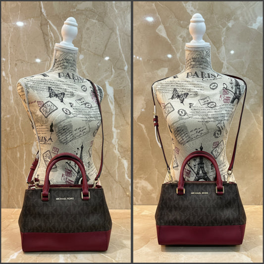 SUPER SALE ‼️‼️ MICHAEL KORS XS KELLEN SATCHEL IN SIGNATURE BROWN/RED - SOME IMPERFECTIONS IN THE HANDLE