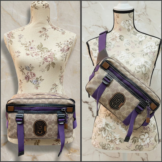 COACH LOGO PRINTED LIMITED EDITION WAISTPACK/BODY BAG IN SIGNATURE TAN CANVAS