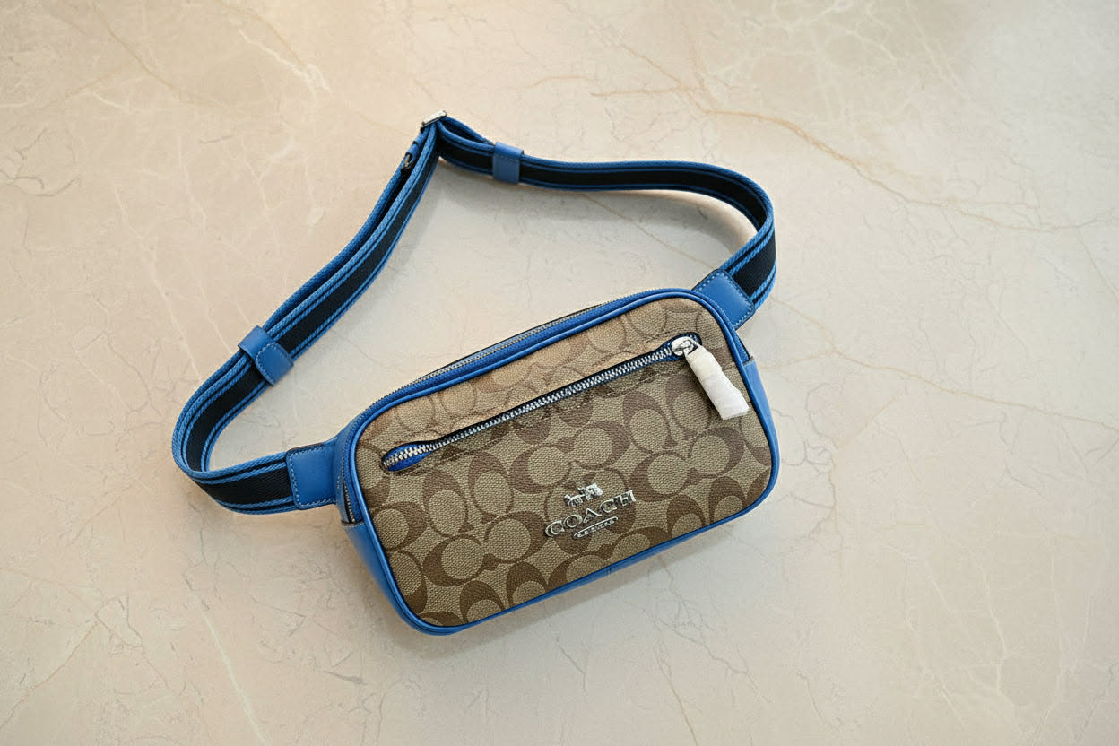 COACH ELIAS BELTBAG/ CHEST BAG/BODY BAG IN COLORBLOCK SIGNATURE CANVAS - KHAKI/RACER BLUE